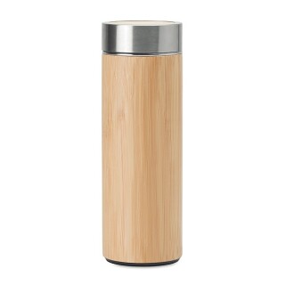 Dvoustěnná nerezová láhev s bambusovým povrchem, 400 ml, přídavný čajový infuzer
