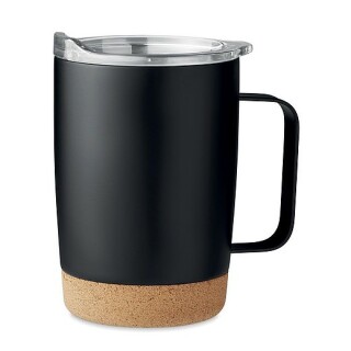 KADIR Dvoustěnný nerezový termohrnek s víčkem a korkovým dnem, 300 ml, černá