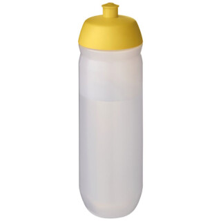 Láhev na pití 750ml, tělo je matně čiré z pružného plastu, víčko je žluté