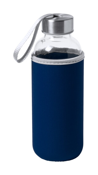 Skleněná láhev na pití, 420ml, tmavě modrý neoprenový rukáv