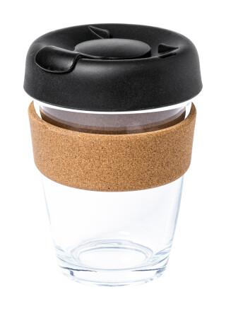 Skleněný hrnek 350ml, s plastovým víčkem a korkovým rukávem