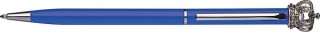 Tenká kovová propiska s modrou náplní, krystalem Swarovski a korunkou, modrá