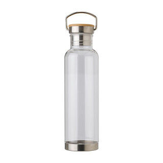 Tritanová láhev na pití, 800ml, detaily z nerezu a bambusu, transp.